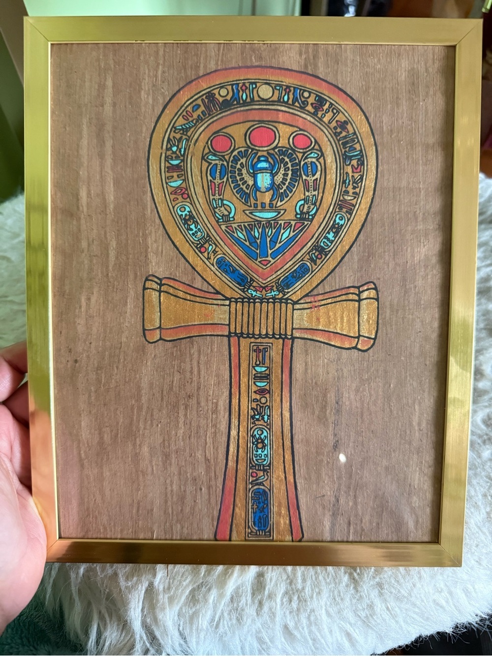 Authentic Papyrus Egyptian Ankh Artwork in Gold Frame with original holder